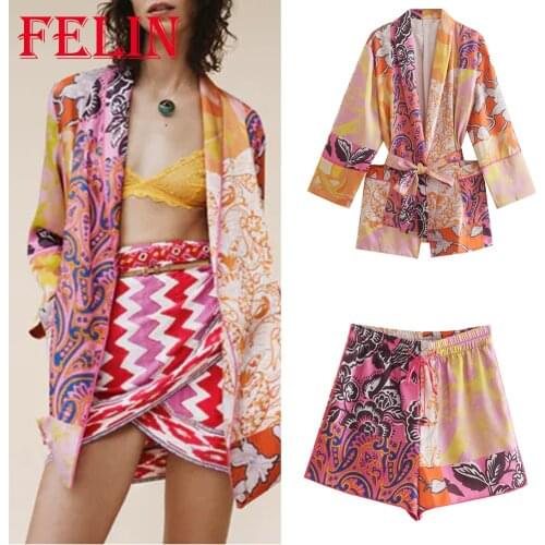 Za 2021 Women Boho Holiday Floral Sets V Neck Oversized Sashes Long Kimono Shirts and High Waist Wide Leg Shorts Elegant Suits
