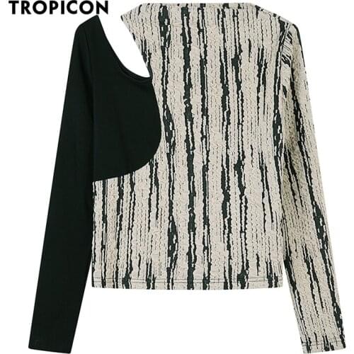 TROPICON Designer Long Sleeve Womens Tops And Blouses Cold Shoulder Ruched Top Turtleneck Patchwork Striped Ladies Cutout Top