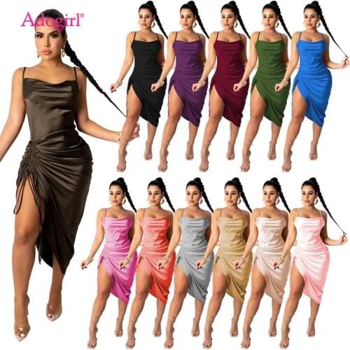 Adogirl Women Solid Drawstring Spaghetti Straps Midi Dress Sexy Sleeveless Backless Night Club Party Vestidos Beach Outfits
