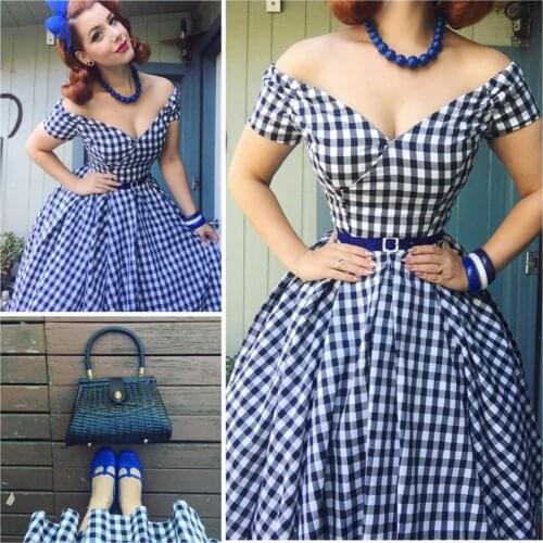 30- summer women vintage 50s gingham off shoulder boat neck swing dress rockabilly pinup vestidos plus size dresses jurken robe