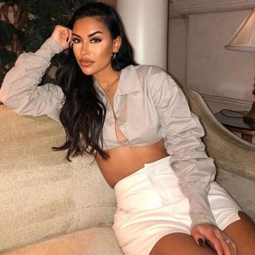 ZKYZWX Summer Long Sleeve Crop Tops Button Up Blouse for Women Sexy Birthday Party Outfits Deep V T Shirts Night Club White Tops