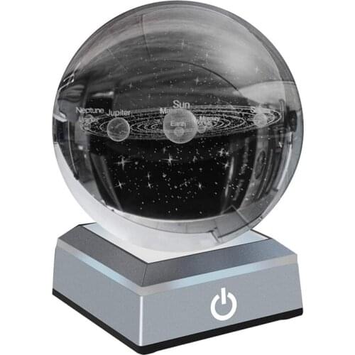 3D Solar System Model Crystal Ball 80Mm 3.15 Inch Engraved Hologram, Base with Lamp, Astronomy Toy