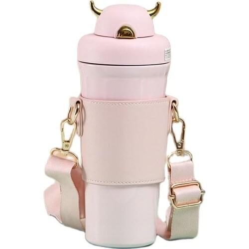 500ml color leather case coffee cup elastic lid straw cup creative horn stainless steel vacuum cup 304 stainless steel gift