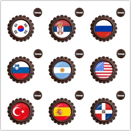 National Flag Glass Cabochon Wood Brooches Korea,Serbia,Russia,Slovenia,Argentina,United States,Turkey,Spain,Dominica Jewelry