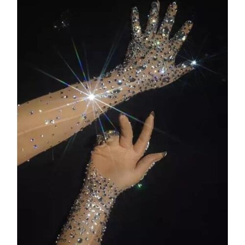 Skin Black Mesh Stretch Rhinestones Gloves Crystals Stones Long Wedding White Singer Dancer Show Performance Stage Accessories