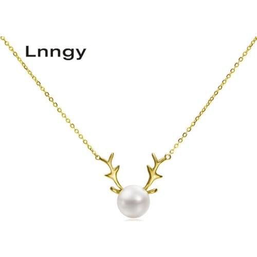 Lnngy 18K Yellow Gold Pendant Natural Freshwater Pearl Cute Deer Pearl Necklace Pendant Women Chain Link Christmas Deer Gift