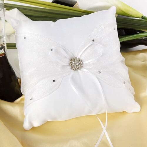 Best Price Wedding Decoration Beautiful White Shiny Crystal Ribbon Pearls Romantic Wedding Ring Pillow Wedding Pillow Cushion