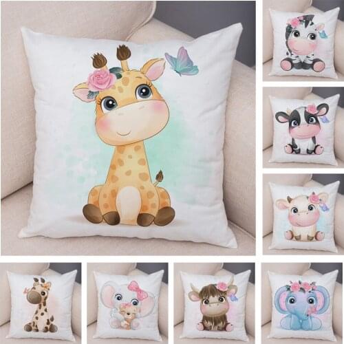 Cute Giraffe Lion Cow Pillow Case Decor Cartoon Animal Print Cushion Cover Soft Plush Pillowcase for Children Room Sofa Home