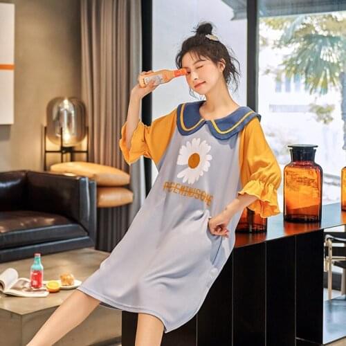 Girl Nightgown Female Summer Thin Cotton Short Sleeve Lovely Loose Pajamas Nightgrowns Set