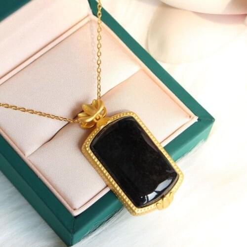 Natural Dark Jade Tranquility and Peace Plate Pendant S925 Sterling Silver Pendant Inlaid Necklace Ancient Gilding Craft Couple