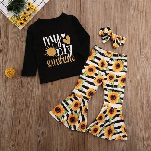 Free shipping Toddler Kids Baby Girls Clothes pullover long sleeve round neck Tops Floral print Pants bow Headband 3pc Outfits