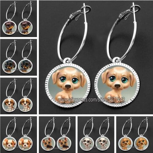 Fashion Silver Color Simple Style Earings Cute Puppy Dog Hoop Dangle Earrings Lovely Animal Glass Cabochon Drop Women Earring