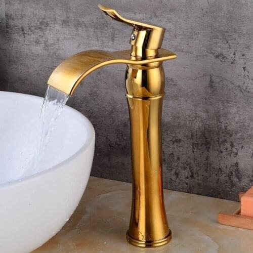 Basin Faucet Brass Sink Mixer Tap Single Handle Water Crane Lavatory Tap Bathroom Hot & Cold Waterfall Faucet Gold/Chrome color