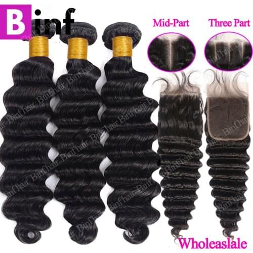 Loose Deep Wave Bundles With Closure Indian Human Hair Weave 3/4 Bundles With 4x4 Closure Remy Natural Hairline Lace Closure