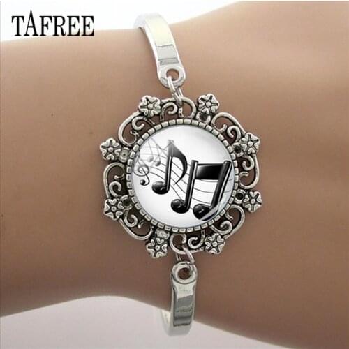 TAFREE DIY Musical symbol Lace Charm Bracelet 15MM Glass Cabochon Music instrument Image Dome Chain Bangles T462