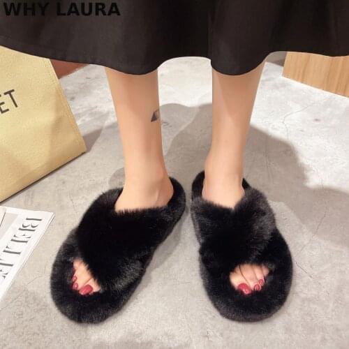 Warm plush slippers, womens comfortable faux fur crossover indoor slipper shoes, flat suede shoes, women, female celebrity flip