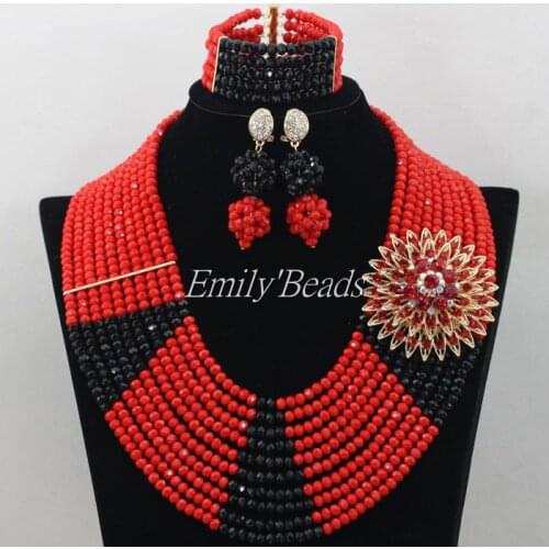 Pretty Red Nigerian Wedding African Beads Bridal Jewelry Set Black Crystal Beads Necklaces Jewelry Sets Free Shipping AMJ666