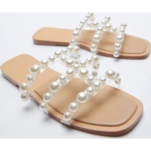ZAR Brand Slippers Women Summer Luxury 2021 New Fashion Square Toe Pearl Flat-Heeled Sandals Plus Size 42 Chaussure Femme Mujer