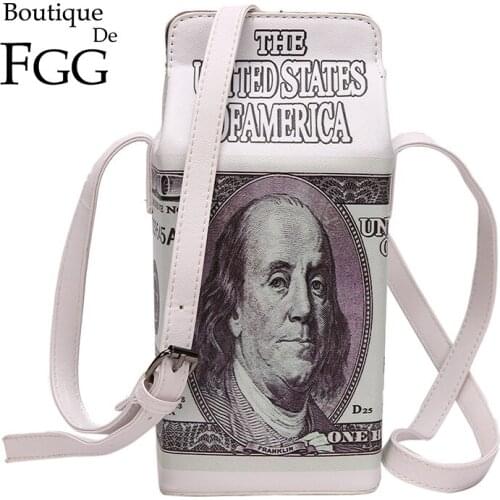 Boutique De FGG Novelty Dollars Print Women Money Shoulder Bags Box Shape Casual Crossbody Bags Messenger Handbag Purse