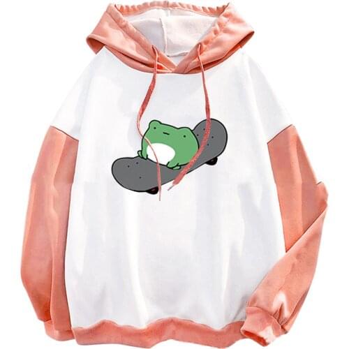 Hoodies Womens Cute Skateboard Print Stitching Long-sleeved Drawstring Plus Velvet Hoodie Sweater Casual Kawaii Womens Sweater