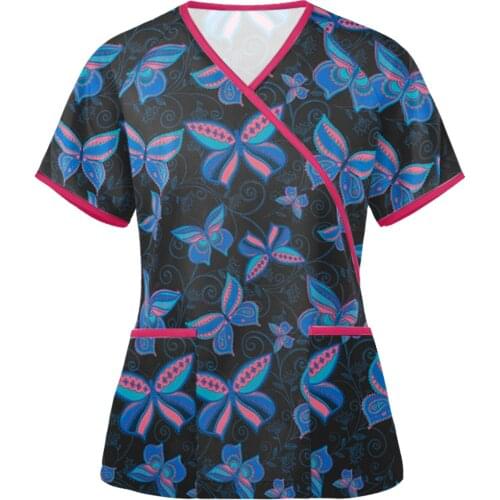 Butterfly Floral Print Women Short Sleeve V-Neck Nurse Scrub Top With Pocket Hospital Laboratory Work Uniform Gorro Enfermera A5