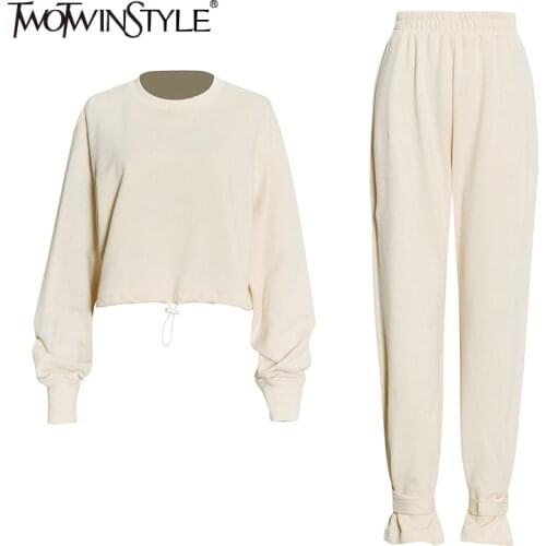TWOTWINSTYLE Solid Casual Womens Suit Round Neck Long Sleeve Drawstring Sweatshirt High Waist Full Length Pants Loose Suits New
