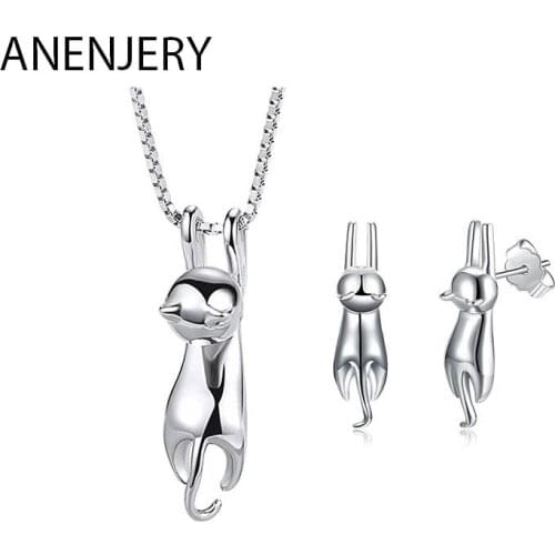 925 Sterling Silver Elegant Cute Cat Jewelry Set Necklace And Earrings Wedding Bridal Jewelry Sets for Women
