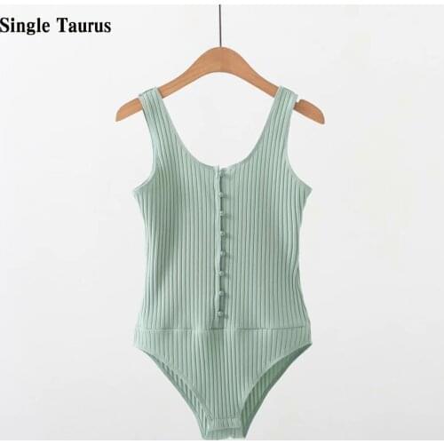 High Street Female Bodysuits Solid Color Sexy Button Knitting Cotton Soft Skinny Slim V Neck Summer Sleeveless Off Shoulder Tops