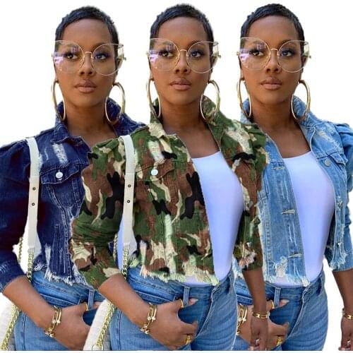 2020 New Womens Long Sleeve Denim Jacket Fashion Hole Camouflage Short Coat Plus Size S-5XL Spring and Autumn Clothing