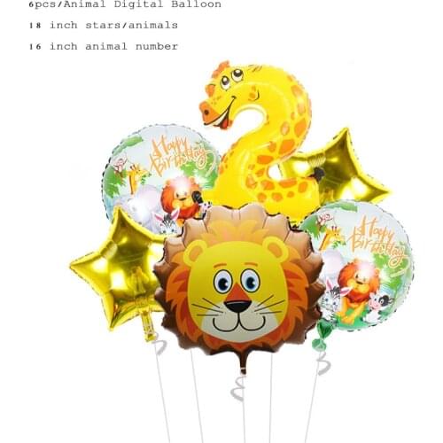 6PCS Jungle Animal Balloon Lion Monkey Zebra Number Aluminum Foil Balloon Childrens Birthday Party Decoration Baby Shower Ball