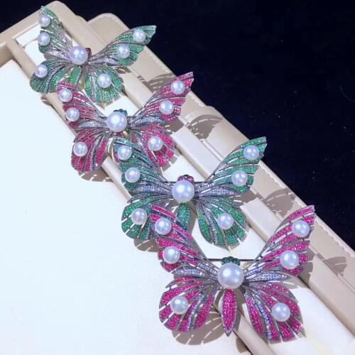 Natural fresh water pearl brooch 925 sterling silver with cubic zircon butterfly insect brooch pins fine women jewelry