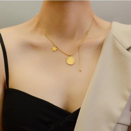 316L Stainless Steel Star Round Coin Keep Smile Tassel Charms Chain Choker Necklace For Women Fashion Trend Jewelry Gift SAN619