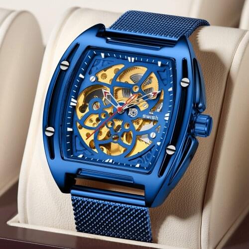 Swish Men Watches Hollow Luxury Top Brand Gold Watch Stainless Steel Big Male Wristwatch Blue Quartz Sports Watches For Man