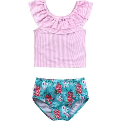 Kids Bathing Suit Pink Stripe Tankini Set Swimwear Crop Ruffle Tank Top Floral Print Bikini Bottom 2 Piece for Little Girl Swim