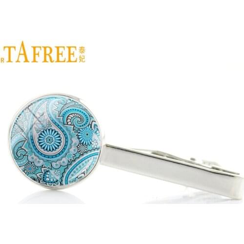 TAFREE elegant blue Geometric art Paisley men tie clips pins Boho Hippie Mandala flower wedding tie bar jewelry A377