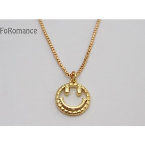 Foromance YELLOW GOLD PLATED 18" BOX LINK CHAIN Smile Round PENDANT Trendy Fashion Jewelry Woman Girl Best Gifts