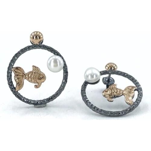 Custom Production Handwork Pearl Fish Silver Earrings