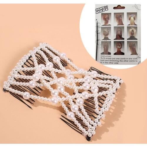 Jouval Fashion Pearl Beads Elastic Hair Combs For Women Bow Double Slide Magic Hair Clip Hairpin Styling Tools Hair Accessories