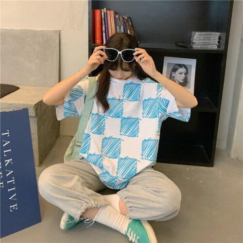 Checkered Jane T short-sleeved 2021 summer new loose wild loose simple and generous round neck commuter Harajuku style