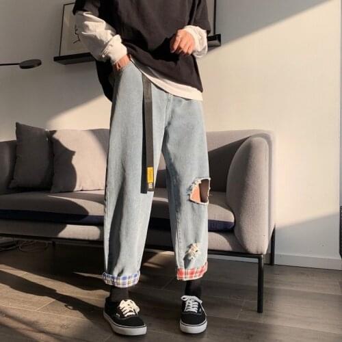 2021 Mens Trend Loose Straight Casual Pants Baggy Homme Cargo Pocket Hole Jeans Biker Denim Black/blue Color Trousers M-2XL