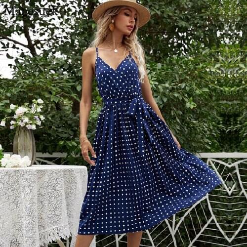 Summer New Chiffon Spaghetti Strap Dress Women Polka-Dot Blue Elegant Midi Dress Sexy Lace-Up V Neck Party Dresses Vestido 14963