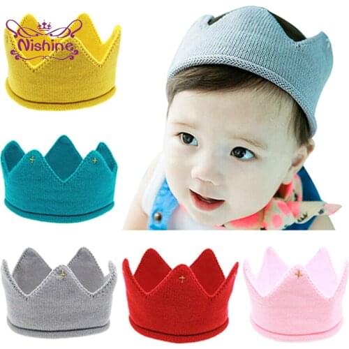 Nishine 1 PCS Solid Color Handmade Knitting Wool Crown Hats Fashion Crochet Infant Caps Kids Hair Accessories Photography Props