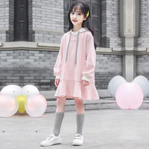 Girls Autumn Clothing Hooded Sweater Dress 2021 Spring and Autumn Childrens Korean-Style Mid-Length Striped Dress