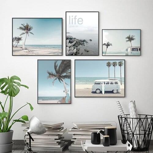 Travel Tropic Hawaii Beach Wall Art Poster Bus Surfboard Palm Landscape Painting Canvas Painting Modern Picture Home Decoration