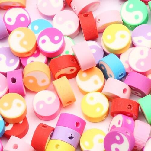50pcs 10mm Mixed Colorful Tai Chi Pattern Design Polymer Clay Spacer Loose Spacer Beads For Jewelry Making DIY Bracelet Supplies