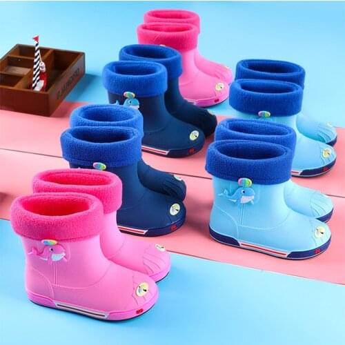 Removable Dual-use Winter Rain Boots Kids Children With Plush Warm Ankle Boots Boys Girls Baby Cartoon PVC Waterproof Snow Boots