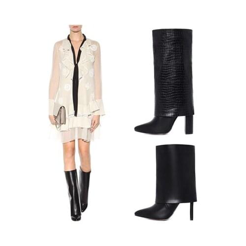 Spring Women Knee High Boots Fold Leather Stiletto Heels Boots Pointed Toe Female Runway Banquet Botas 2021 Sleeve Knight