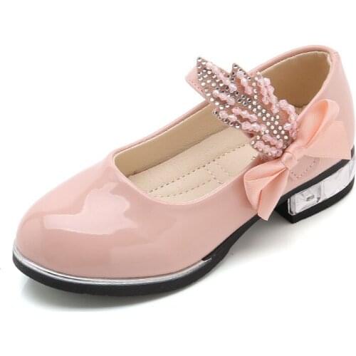 Spring kids princess leather shoes for girls kids wedding shoe black pink crystal bow flower little girls shoes 3-12 years