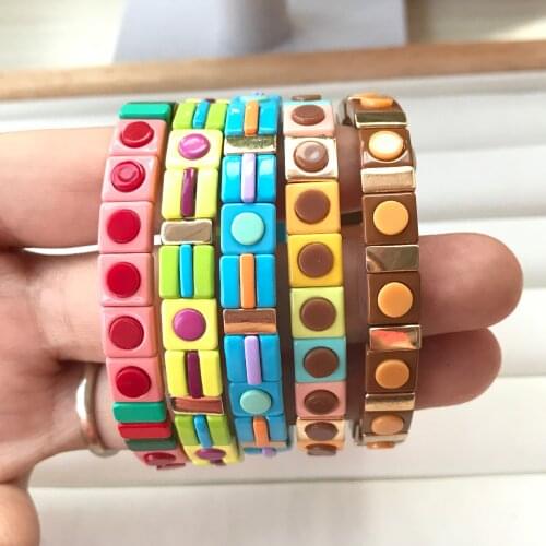 Colorful Tile Enamel Bracelet,Multi-Stack Tila bead Stretch Bracelet,Painted Brass Pulseira Fashion Women Boho Jewelry QC2704