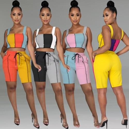 2021 New Women Color Block Short Sets Summer Tank Crop Tops + Drawstring Shorts Bodycon Tracksuit Casual Two Piece Sets Female